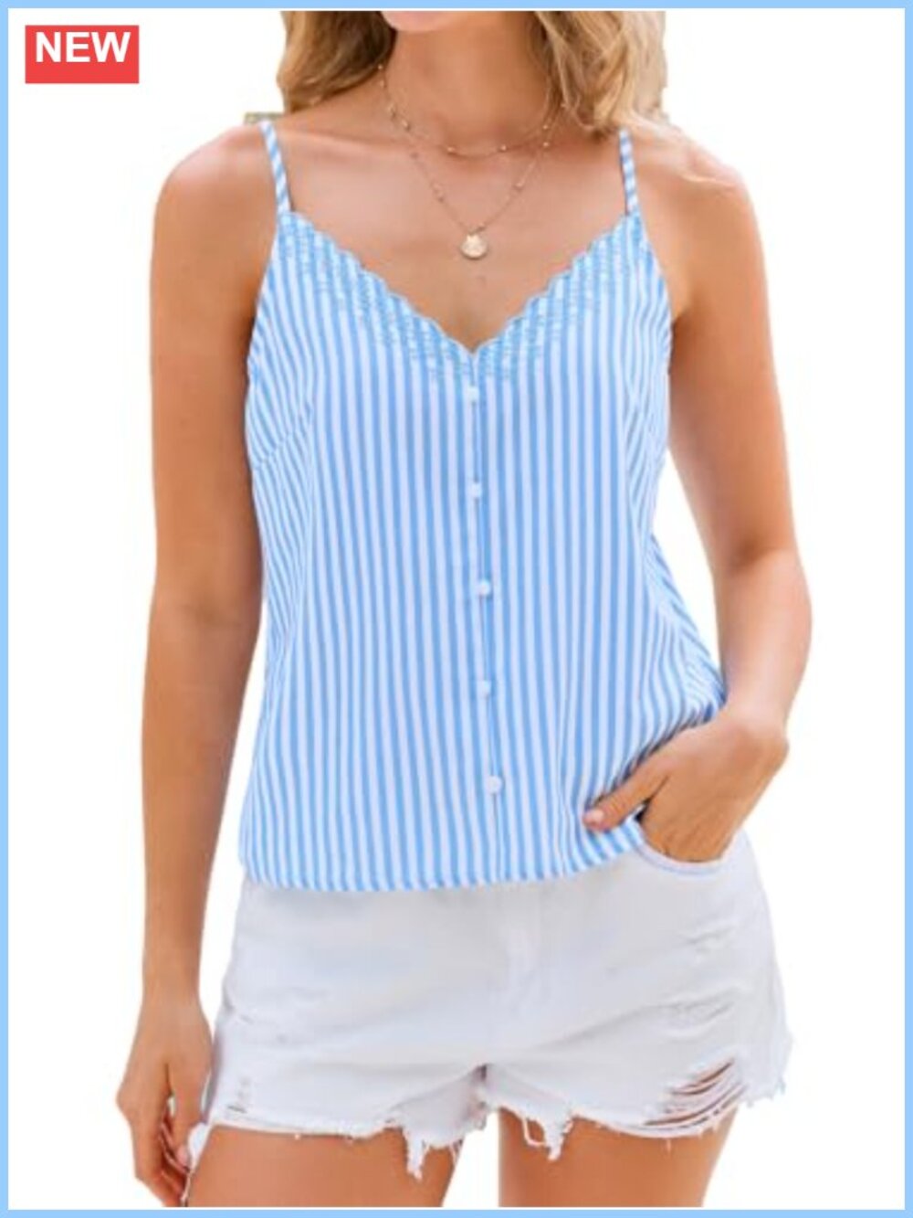 Scallop Trim V Neck Strap Tank Top Sleeveless Striped Casual